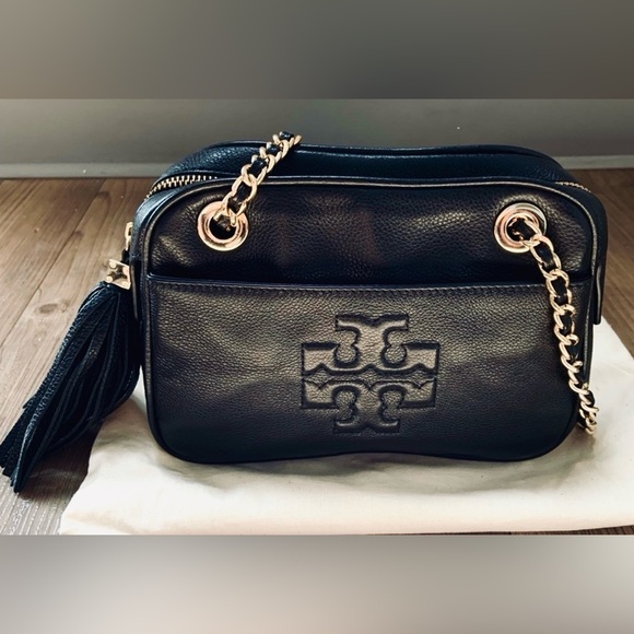 Tory Burch Black Leather Crossbody Bag with Gold Accents